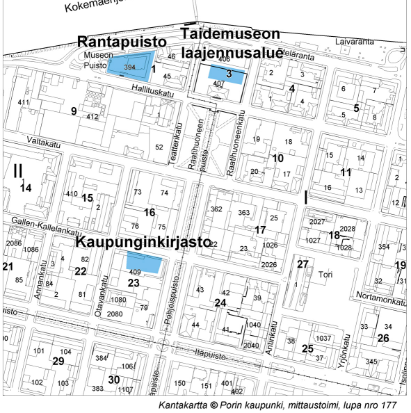 Kuva. Kartta Porin kaupunkialueella tehdyistä historiallisen ajan arkeologisista kaivauksista. Merkityt alueet eivät kuvaa suoraan kaivausalueiden kokoa. 6.