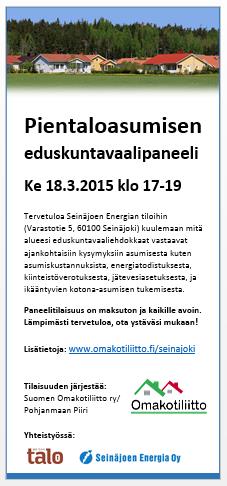 Itse tilaisuus alkaa klo 17.00 (paitsi Joensuu ja Helsinki aiemmin) Omakotiliiton esittelyllä. Tämän jälkeen paneeli 1.5 h ja yleisölle varataan mahdollisuus kysyä asumista askarruttavista asioista.