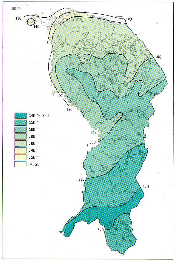 6 Kuva 14. Lämpötilan keskimääräinen absoluuttinen vuosiminimi, 1931...1960. Kuva 16. Pakkaspäiviä keskimäärin vuodessa, 1961...1975.