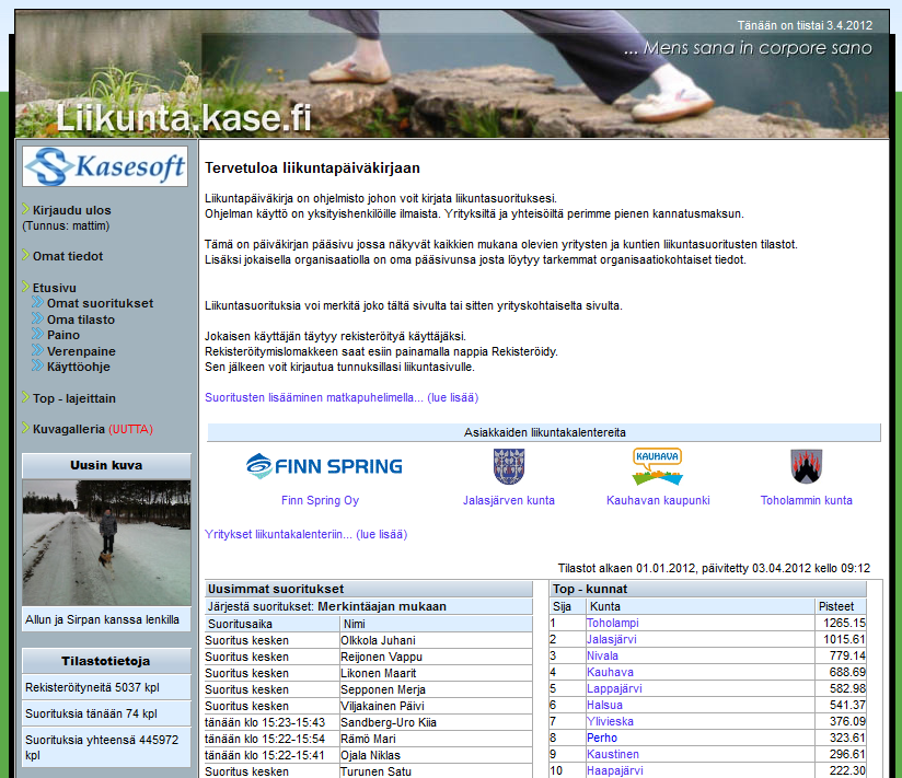 Liikunta.kase.fi liikuntapäiväkirja Päiväkirjan yhteinen etusivu jossa näkyvät kaikkien mukana olevien yritysten ja kuntien liikuntasuoritusten tilastot.