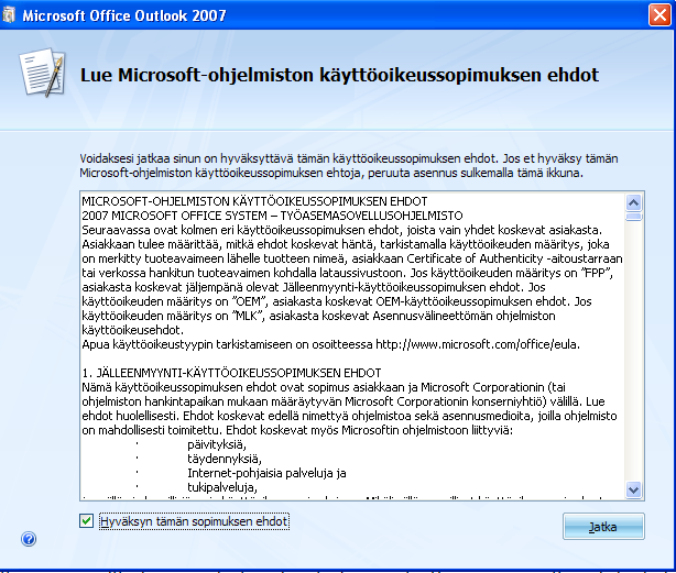 Kirjita saamasi Prduct Key paina jatka (Cntinue) Laita ruksi khtaan Hyväksyn tämän spimuksen ehdt (I accept the terms f this agreement) Paina asenna/ päivitä