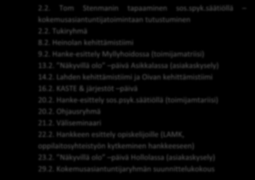 2012 Suunnitelmat ja toteutuneet tapahtumat Alueilla ryhdytään toteuttamaan määriteltyjä tehtäviä sovittujen prosessien mukaisesti Arviointityöpaja Hankkeen esittely yhteistyötahoille ja yhteisen