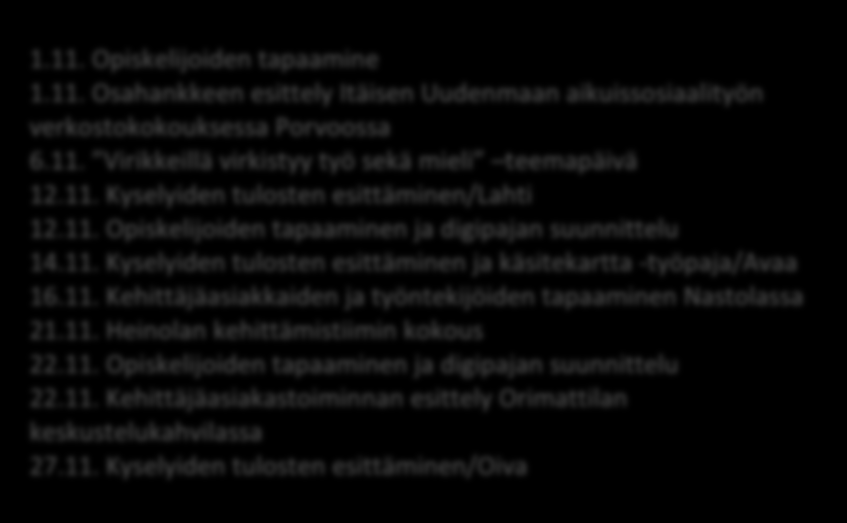 Kehittämistiimien kokoukset Väliraportin hyväksyttäminen ohjausryhmällä Kehittäjäasiakastoiminnan esittelyvideon kokoaminen aikuissosiaalityön 2013 päivien työpajaan Teemapäivä työmenetelmiin