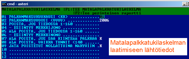 Matalapalkkatukilaskelman laatiminen Alla olevassa esimerkissä on täytettynä perustilanteen oletusarvot, jolla voit kokeilla matalapalkkatukilaskelman laatimista: 01 ja 02 kohdissa ilmoitetaan