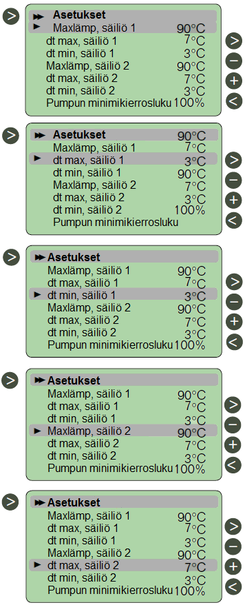 Valikko Asetukset Valikossa Asetukset ovat järjestelmän kaikki säädettävissä olevat parametrit. Osaa parametreista ei ole kaikissa järjestelmissä.