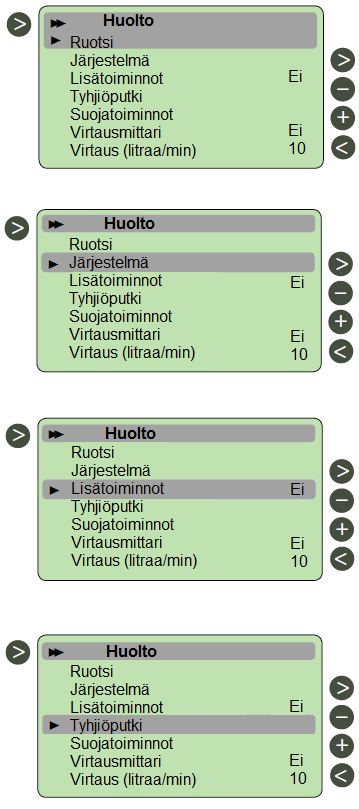 Valikko Huolto Huoltovalikossa ovat järjestelmän kaikki säädettävissä olevat parametrit. Osaa parametreista ei ole kaikissa järjestelmissä.