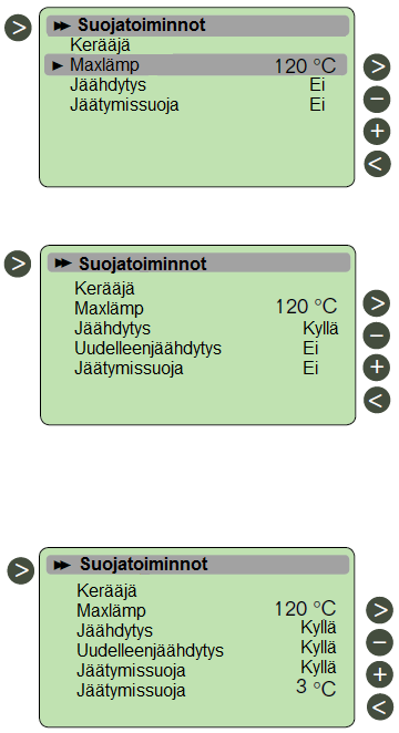 Valikko Huolto Max temp Aurinkokeräimen lämpötilataso ylikuumenemissuojan aktivoimiseksi. (Säädettävissä välillä 110 150 C, tehdasarvo 120 C) Aurinkokeräimen ylikuumenemissuoja on aina aktivoitu.