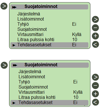 Valikko Huolto Virtausmittari Virtausmittaria käytetään energia-mittaukseen ja valvontaan. Jos virtausmittaria ei ole asennettu (tehdasasetus), virtaus (l/min) säädetään valikosta valinnoilla ja +.