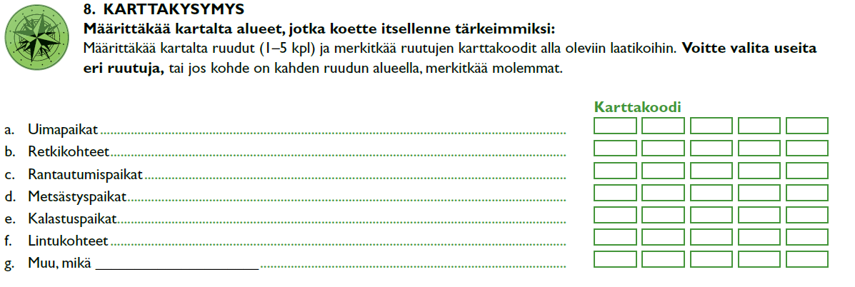 Tärkeitä alueita kartoitetaan karttakysymyksellä 8 (kuva 22).