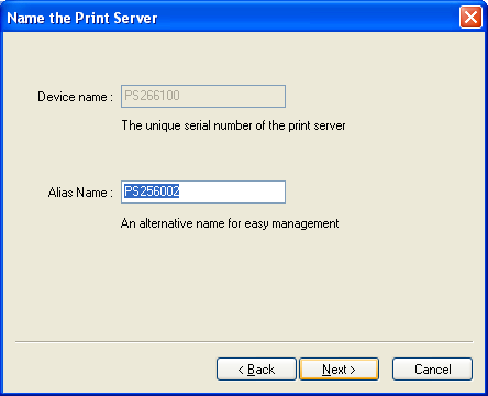HUOMAUTUS 1: Konfiguroitaessa tulostuspalvelin ensimmäisen kerran, on Print Server Name/Tulostuspalvelimen nimi MAC I:n viimeiset 6 numeroa etuliitteellä PS.