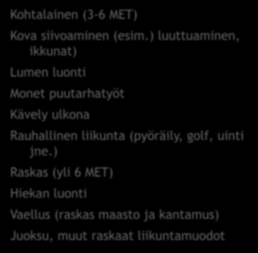 Esimerkkejä erilaisista fyysisistä aktiivisuuksista Kevyt (alle 3 MET) Istuminen, seisominen Kävely (kotona/toimistossa) Biljardi Tikkojen heittely Mato-onkiminen, pilkkiminen Useimpien