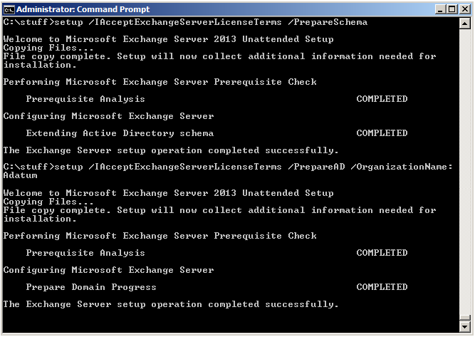 21 Kun Exchange Server asennetaan ensimmäisen kerran AD-metsään, tulee AD valmistella komennoilla: setup /IAcceptExchangeServerLicenseTerms /PrepareSchema, jolla valmistellaan skeema, sekä setup