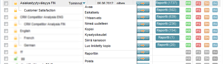 Kun viet kursorin haluamasi kyselyn päälle, ilmestyy nimen viereen pieni Toiminnot-linkki, jota klikkaamalla saat näkyviin kyselykohtaisia toimintoja. Avaa: Toiminto avaa kyselyn muokkaustilaan.