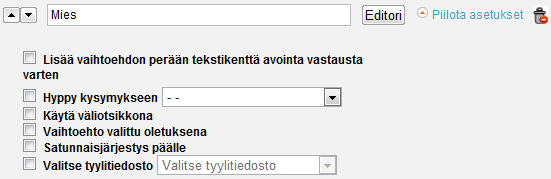5. KYSYMYSASETUKSET Tässä osiossa käsittelemme kysymysten asetuksia. Asetuksiin pääsee painamalla näytä vaihtoehtoasetukset tekstiä vastausvaihtoehtojen oikealla puolella. 5.2.
