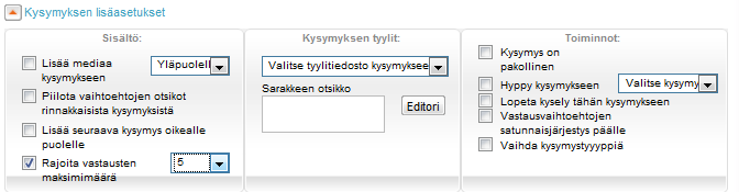 Jos tätä asetusta ei oteta käyttöön jo kyselyn asetuksia tehdessä, voidaan jokin tietty vastausvaihtoehto poistaa laskennasta myös myöhemmin raportoinnin puolella. 6.8.