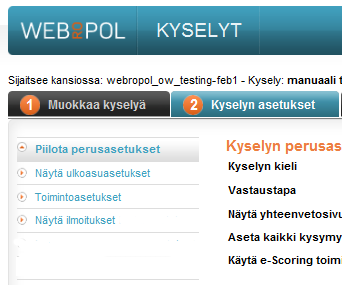 7. KYSELYN ASETUKSET Tässä osiossa tutustumme Webropol 2.0 -kyselyiden asetuksiin. Avaa asetukset painamalla Kyselyn asetukset painiketta valikosta.