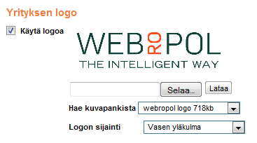 Yrityksen logo Valitse logo jota käytetään kyselylomakkeella. Valittu logo näytetään jokaisella kyselysivulla. Hyväksytyt kuvatiedostojen formaatit ovat: jpg, gif tai png.
