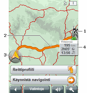 1 Kohde on merkitty pienellä lipulla. Kun annat näyttää suunniteltu tai ladattu reitti, aloituspiste ja jokainen reittipiste on merkitty pienellä lipulla. 2 Reitti on korostettu oranssiksi.