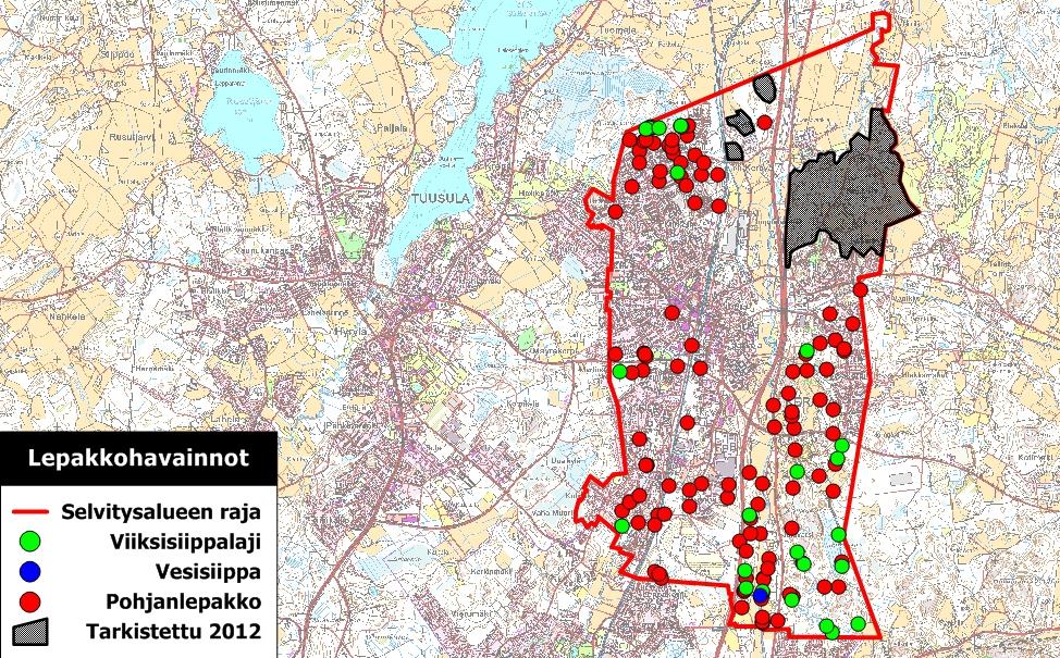 Kuva 1. Aktiiviseurannan 138 lepakkohavaintoa lajeittain ja kuukausittain.