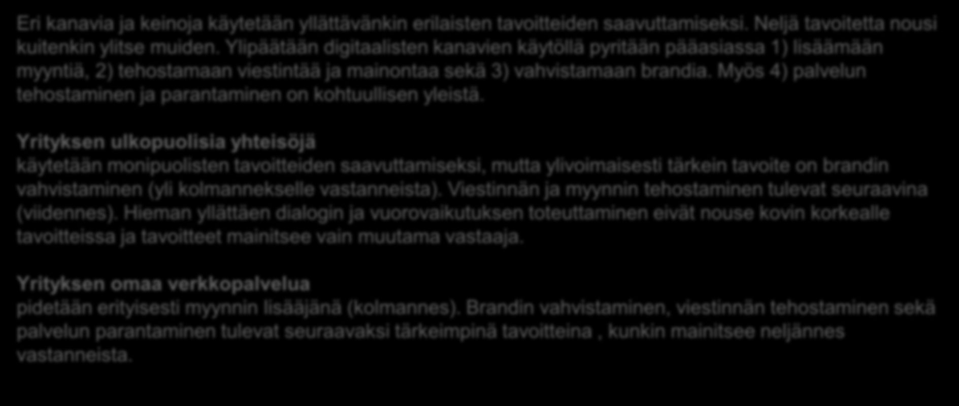 KANAVIEN TAVOITTEET... (MITKÄ OVAT TÄRKEIMPIÄ TAVOITTEITA, JOITA OLETTE ASETTANEET KÄYTTÄMILLENNE DIGITAALISILLE KANAVILLE/KEINOILLE?