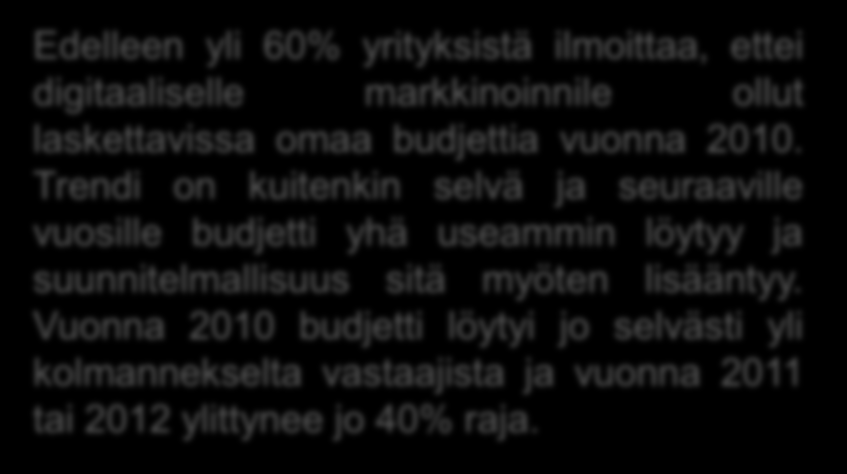 SUUNNITELMALLISUUS LISÄÄNTYY Edelleen yli 60% yrityksistä ilmoittaa, ettei digitaaliselle markkinoinnile ollut laskettavissa omaa budjettia vuonna 2010.