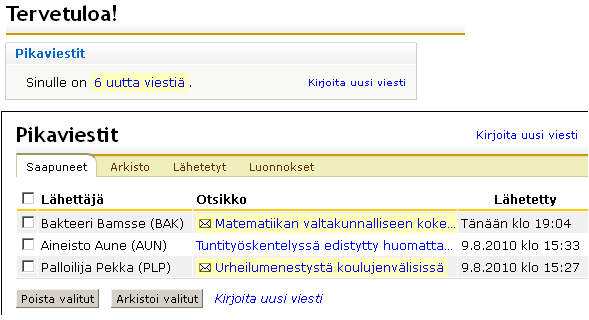 Pikaviestit Pikaviestit ovat Wilman sisällä kulkevia viestejä. Voit lähettää Wilman kautta viestejä koulun opettajille, henkilökunnalle, lapsesi toiselle huoltajalle tai lapselle itselleen.