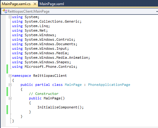 25 5 ESIMERKKISOVELLUKSEN TOTEUTUS 5.1 Sovelluksen luominen Ensiksi pitää luoda uusi Windows Phone -sovellus Visual Studiolla. Silverlightiin perustuvissa sovelluksissa MainPage.