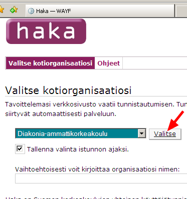 4. Tulet tunnistautumisosioon: valitse pudotusvalikosta Diak, rastita "Tallenna