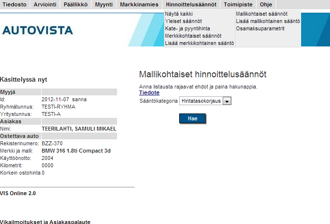 3.5 Merkki- ja mallikohtaisten sääntöjen muokkaus Merkki- ja mallikohtaisia sääntöjä on kolmea kategoriaa: Hintatasokorjaus: Prosenttipoikkeus Autodata-hinnoista, joko ylös (%), tai alaspäin (-%).
