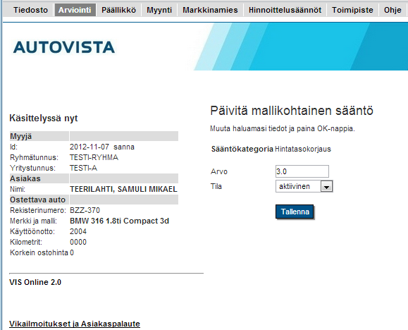 Kuva 28 Mallikohtaiset hinnoittelusäännöt, listausnäkymä Haku tuottaa listauksen kaikista kategorian säännöistä.