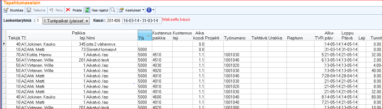 Tapahtumaselain tarkastella valitun kauden palkkatapahtumia.