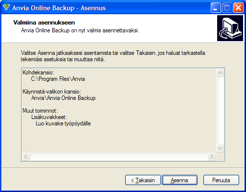 4(7) Kuva 6 Valitse Käynnistä-valikon kansio Ohjelman pikakuvakkeet luodaan tähän Käynnistä-valikon kansioon, joka on oletuksena Anvia\Anvia Online Backup Valitse Seuraava > Kuva 7 Valitse muut