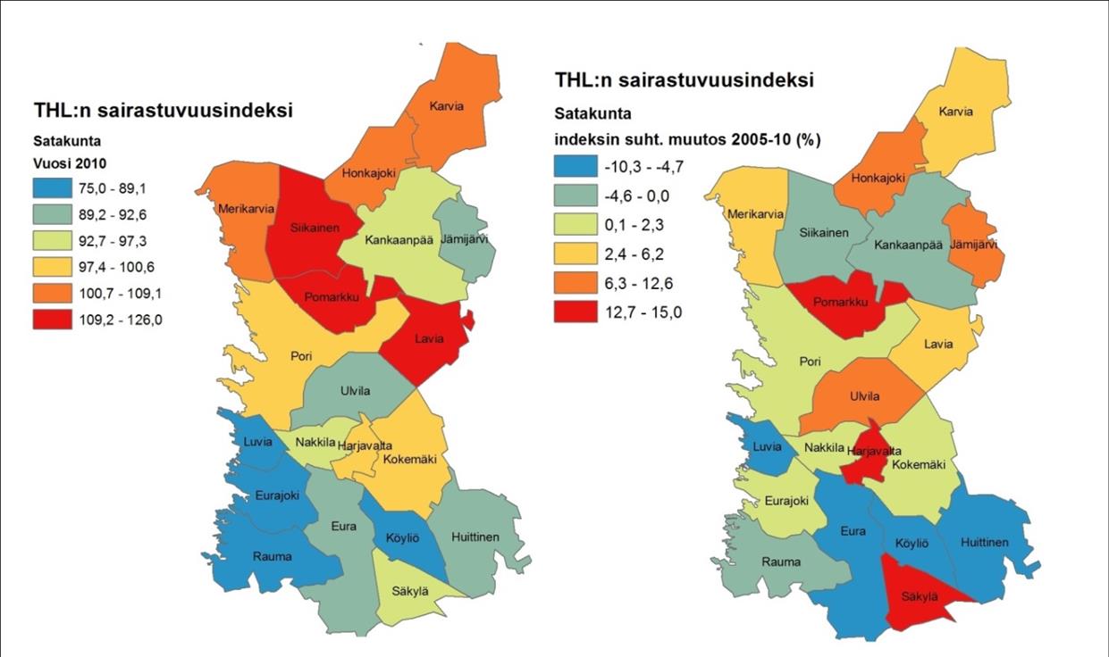 15 Kartta 2. Satakunnan kuntien THL:n sairastavuusindeksi v.21. THL:n sairastavuusindeksi antaa kuntien sairastavuudesta hieman erilaisen kuvan kuntatasolla kuin KELA:n sairastavuusindeksi.