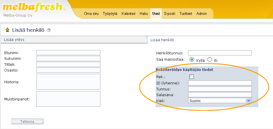 Uuden käyttäjän lisääminen Uusi käyttäjä lisätään yrityskortilla painamalla Lisää uusi kohdassa Henkilöt. Henkilötietojen lisäksi täytetään tiedot kohdassa Rekisteröidyn henkilön tiedot a. ID b.