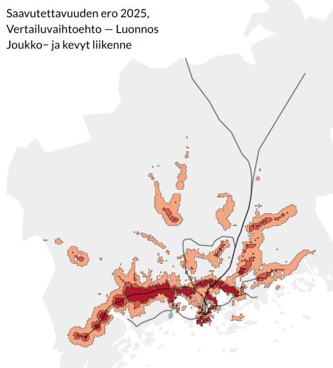 70 Saavutettavuuden (SAVU) kehittyminen 2012-2040 (HLJ-luonnos) HLJ-luonnoksen ero vertailuvaihtoehtoon saavutettavuudessa (SAVU) vuonna 2025 Kuva 33.