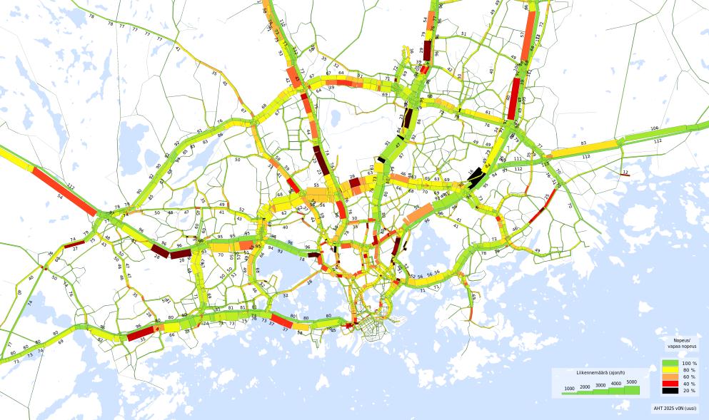 vertailuvaihtoehdossa vuonna 2025 verkon ylikuormittuminen kasvaa, mikä huonontaa sujuvuutta koko verkolla (kuva 38).