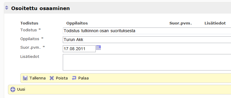 StudentaPluS Opiskelijan ohje 5 (14) 1.2.2 Muokkausnäytön rakenne Kaikki päävalikosta valitut näkymät avautuvat muokkausnäyttöön, jossa tietoja voi katsella ja muokata.