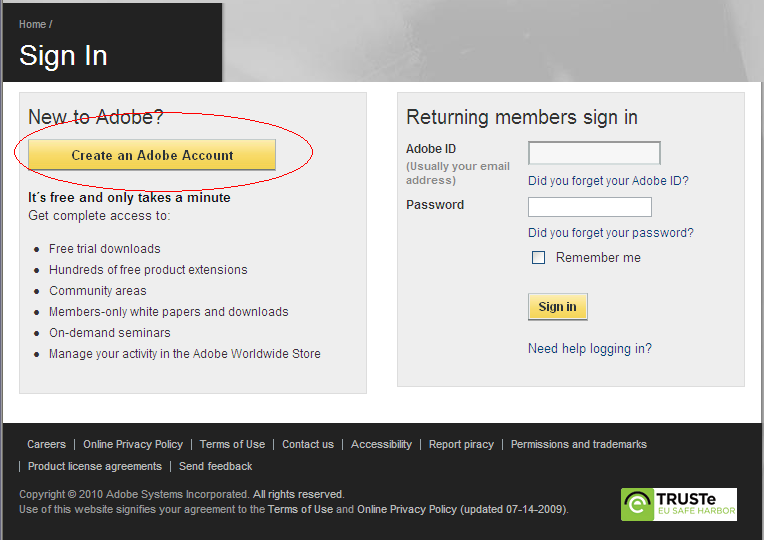 Paina Create an Adobe Account.
