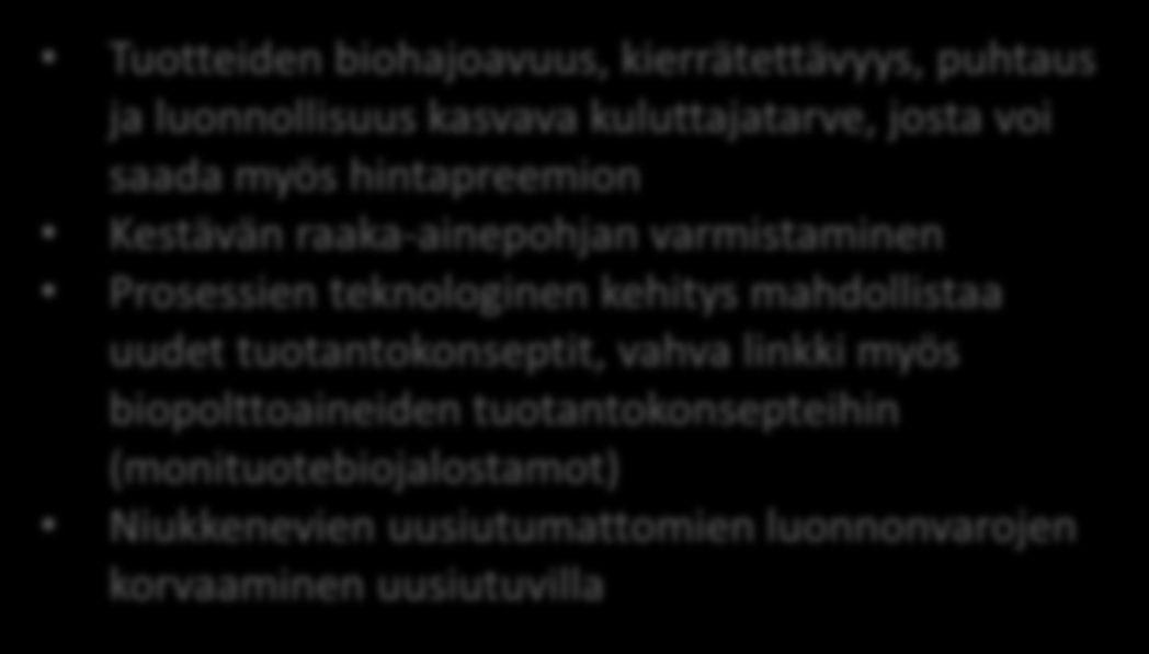 Biokemikaalit sivuvirroista -AMRIKKA rittäin houkutteleva: uotteiden vahva ja kasvava kysyntä ja suuri tarve kestävän raaka-ainepohjan ratkaisuille uotteiden biohajoavuus, kierrätettävyys, puhtaus ja