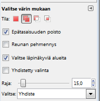 Työkalun toiminta perustuu muotoon eli etsii kuvion ääriviivoja. Ei toimi sumeissa kuvissa. Tämä työkalu ei toimi jos tasoja on useita, yhdistä tasot ensin. 1. Napsauta kuvan reunaa työkalulla 2.