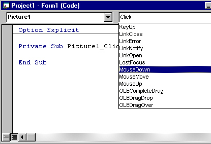 66 Visual Basic 5 -ohjelmoinnin peruskurssi KOODIN LIITTÄMINEN TAPAHTUMAAN Tapahtumien ohjelmointi tehdään samassa koodieditori-ikkunassa kuin muunkin VB-koodin muokkaus.