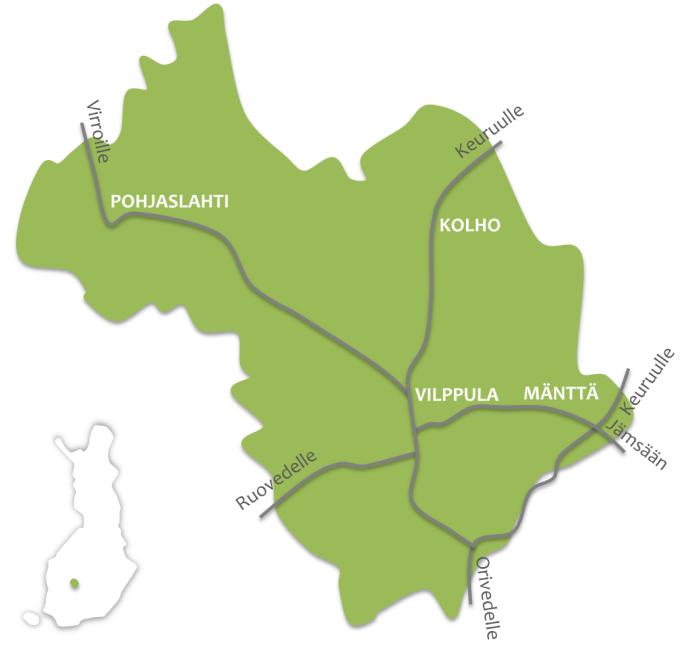 1. ALUKSI M Ä N T T Ä - V I L P P U L A Noin 11 500 asukkaan Mänttä-Vilppula sijaitsee Pirkanmaan koillisosassa. Mänttä-Vilppulan kaupunki perustettiin uutena kaupunkina 1.1.2009.