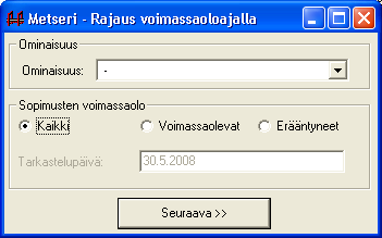 Poista: Poistaa näytössä olevan sopimuksen tietokannasta [F4]. (Huom. Poistaa koko sopimuksen, poistettua sopimusta ei voida palauttaa.