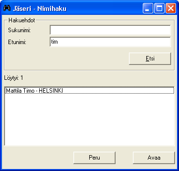 Nimihaku [F9] Nimihaku ikkuna aukeaa klikkaamalla Jäsenrekisteri ikkunassa N-haku painiketta tai painamalla [F9]. Nimihaulla voidaan hakea jäsentä sukunimen tai etunimen tai niiden osan perusteella.