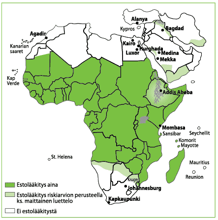 Malarian estolääkitys matkustettaessa Afrikkaan Meflokiini (Lariam ) Atovakoni + proguaniili (Malarone tai Rumbabor )