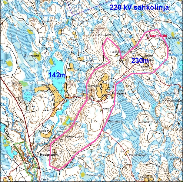 Alue on 70 90 m ympäristöään korkeammalla Mäkien päällä tuulee Alueella 220 kv sähköverkko 20 kv