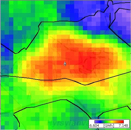 Esimerkki alueesta, jolla Tuuliatlaksen mukaan: 6,3 m/s tuulennopeus 6025 MWh/a tuotanto mutta WASP-laskennalla valitulle alueelle