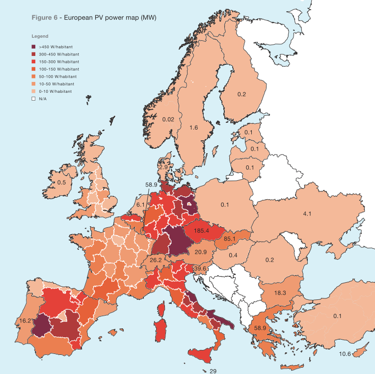 Aurinkosähkön tuotantokapasiteetti Euroopassa 2012 Lähde: