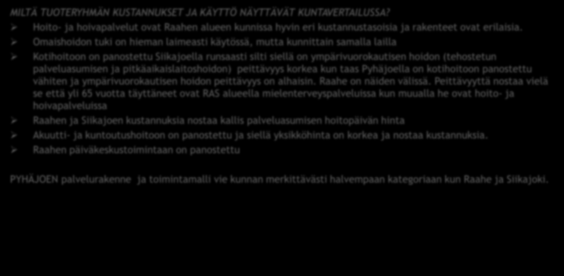 Hoito- ja hoivapalvelut HOITO- JA HOIVAPALVELUIDEN YHTEENVETO MILTÄ TUOTERYHMÄN KUSTANNUKSET JA KÄYTTÖ NÄYTTÄVÄT KUNTAVERTAILUSSA?