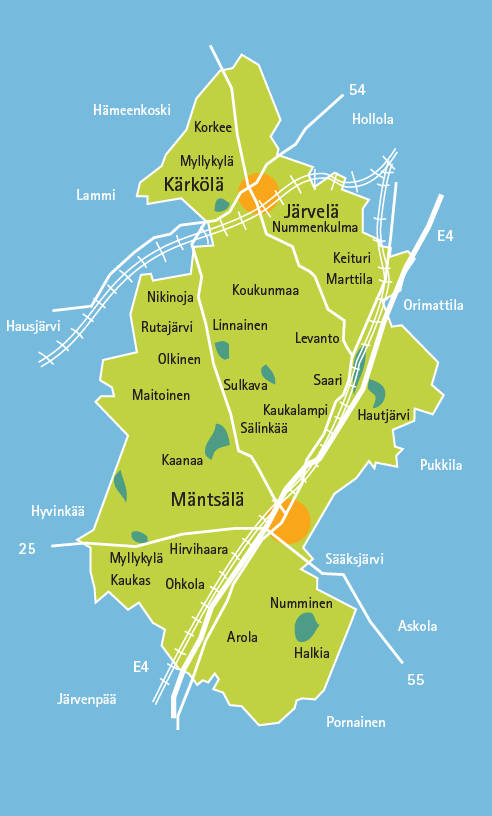 Mäntsälän Sähkön jakelualue 2524 km / 1000 km² Kymmenen kunnan alueella.